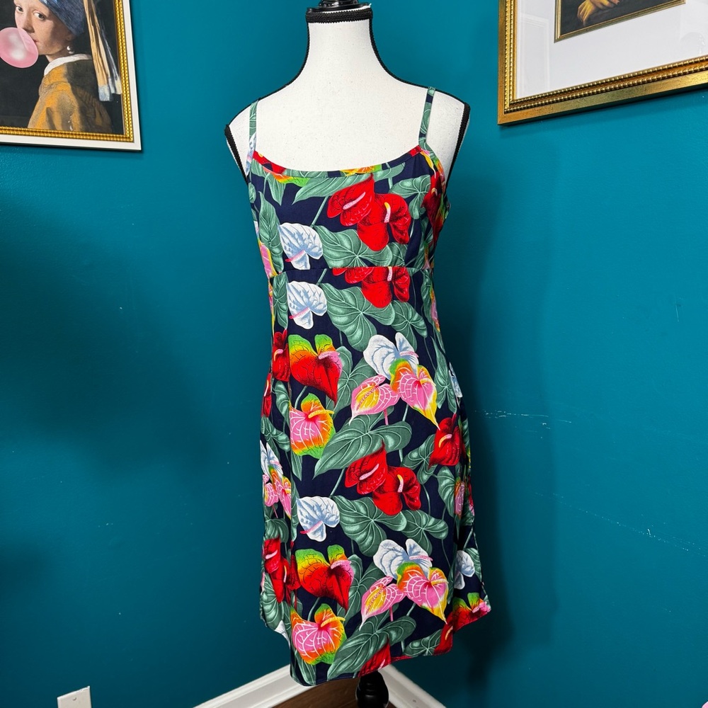 Vintage 90s Hawaiian Y.L.T.E Floral Spaghetti Strap Mini Dress Tropical Leaf